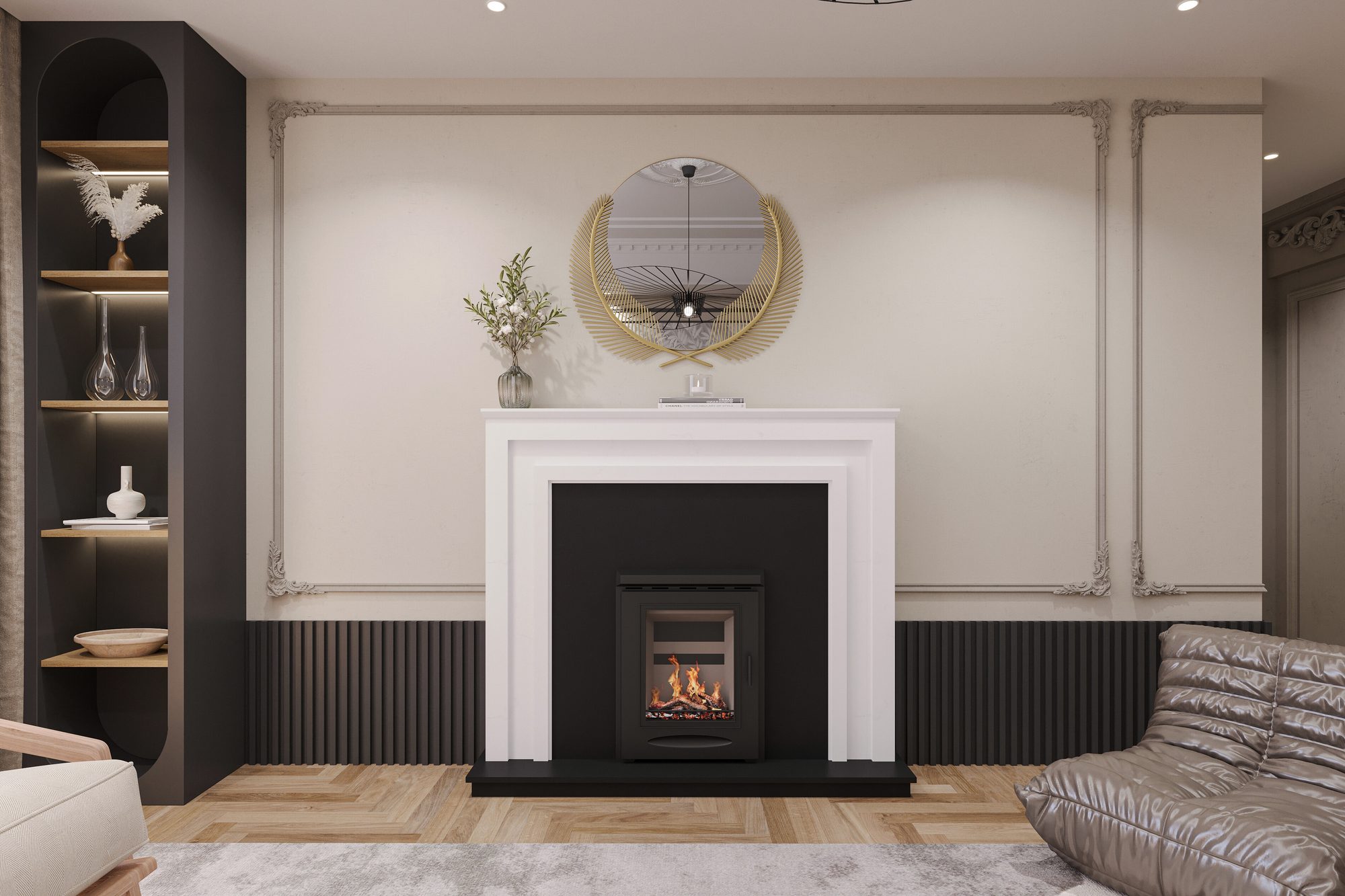 Belina 5 Inset in a white fireplace